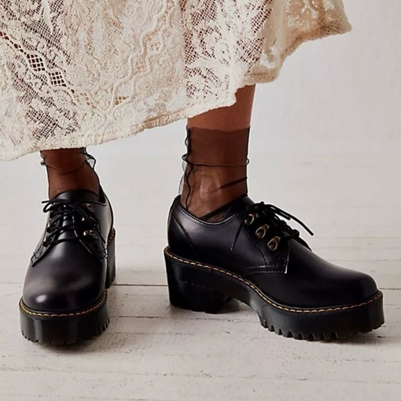 Dr. Martens Shoes - DR MARTENS Leona Lo Vintage Smooth Leather Lug Sole Platform Heeled Shoe Black 9